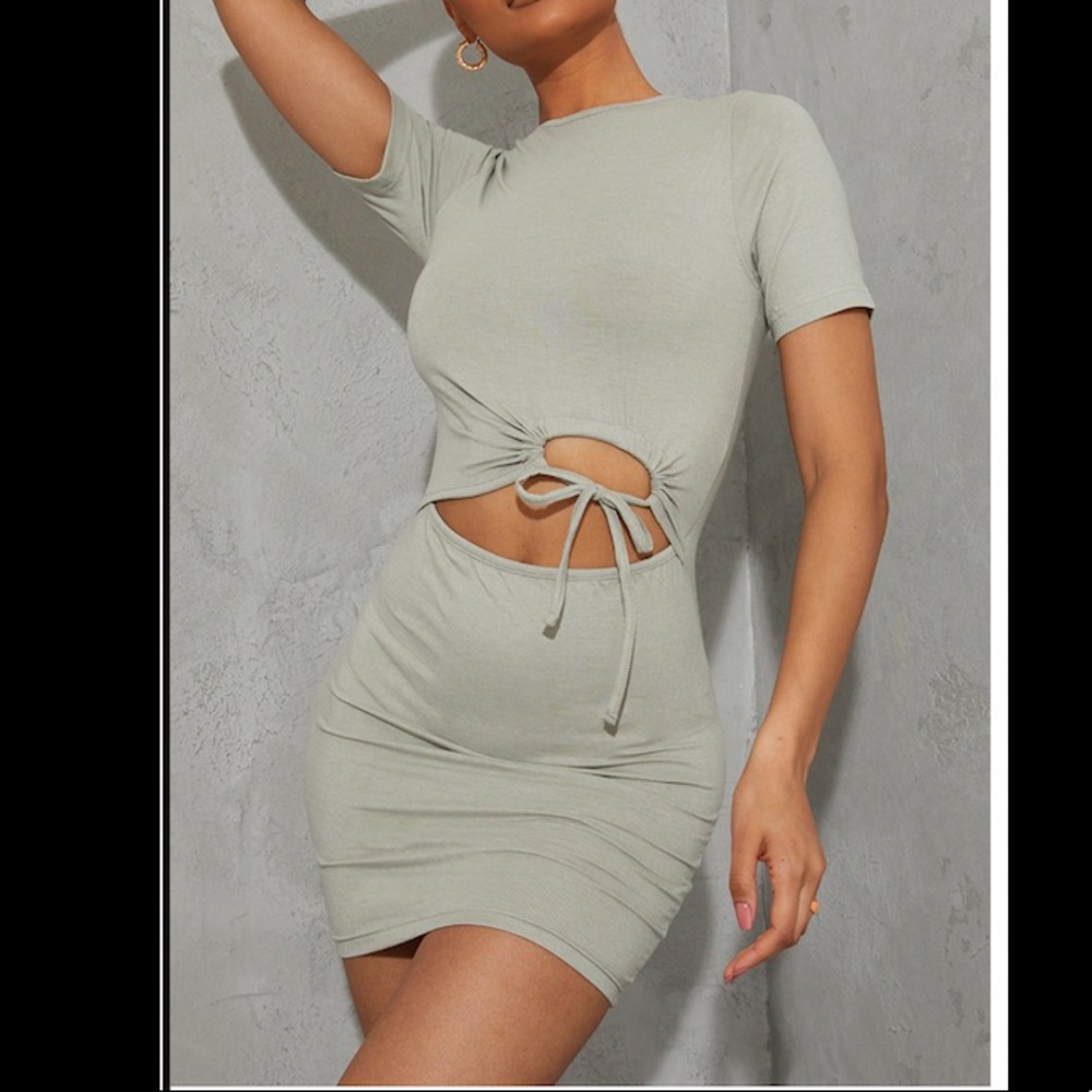 Grey Cotton Ruched Cut Out Short Sleeve Bodycon Dress